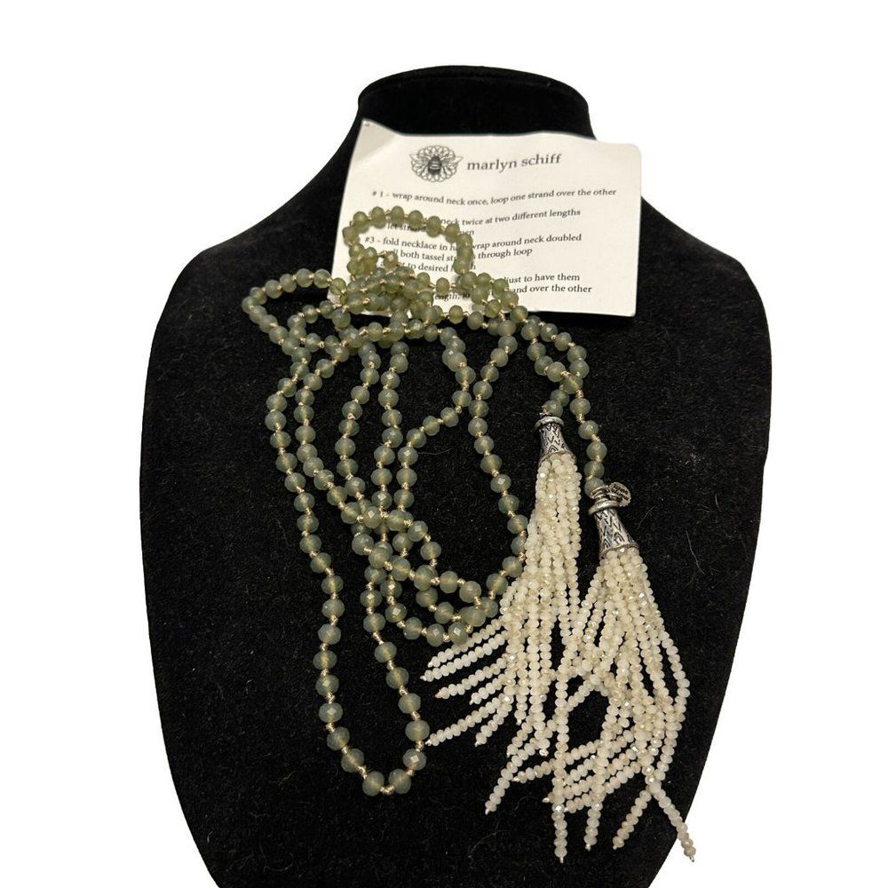 Marlyn Schiff   Glass Beaded Tassel Lariat Long Necklace 64”L